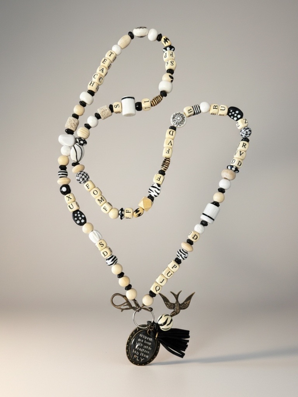 NWT Wood Beaded Black & cream Lanyard  and key holder for teacher